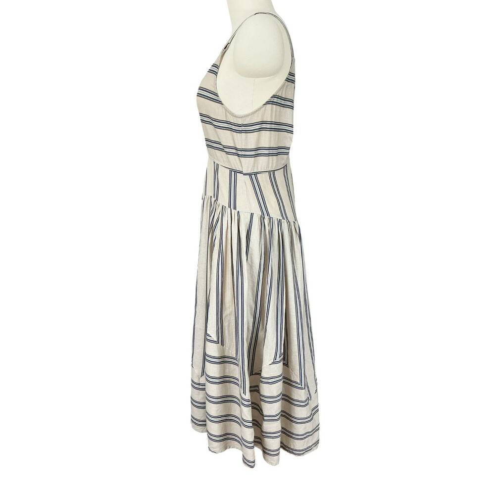 Anthropologie Plenty Linen Fit & Flare Midi Dress L Beige Striped Cutout Tiered - Picture 8 of 16